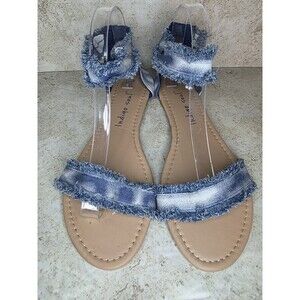 Indigo Soul Frayed Denim Sandals Women Sz 10 Hippie Ankle Strap Open Toe Flats